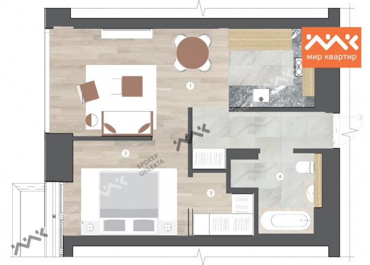 Однокомнатная квартира 51.34 м²