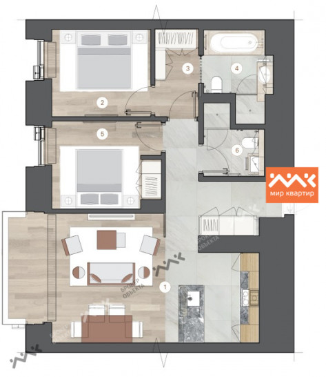 Двухкомнатная квартира 75.69 м²