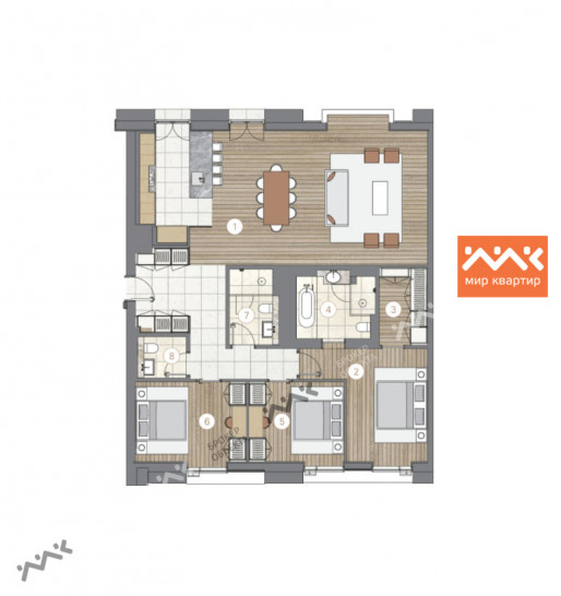 Трёхкомнатная квартира 143 м²
