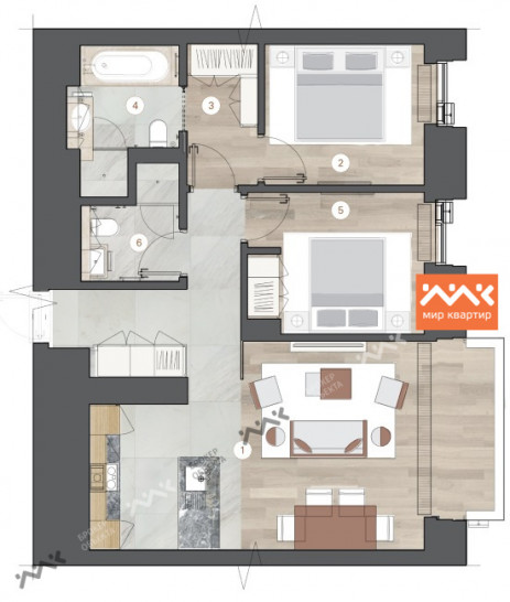 Двухкомнатная квартира 75.7 м²