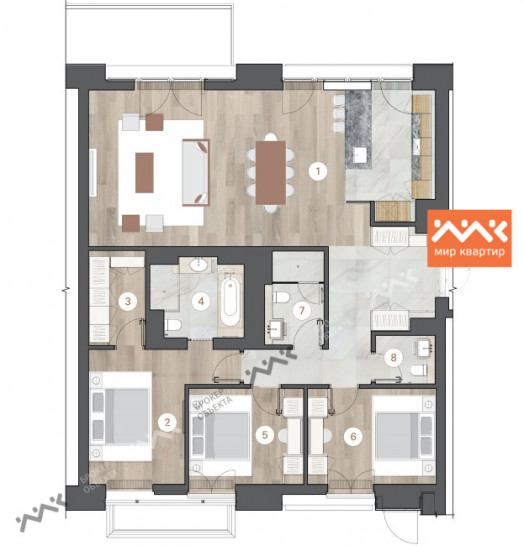 Трёхкомнатная квартира 143.01 м²
