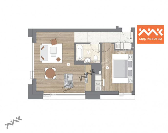 Однокомнатная квартира 51.3 м²