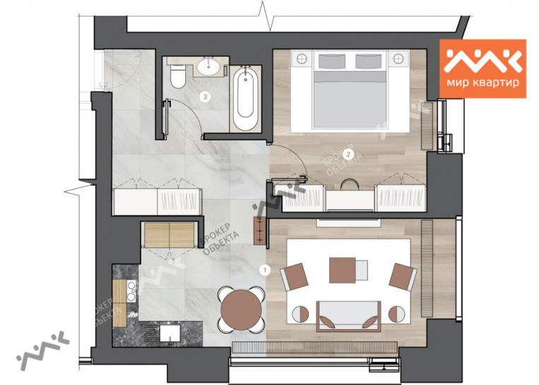 Однокомнатная квартира 58.33 м²