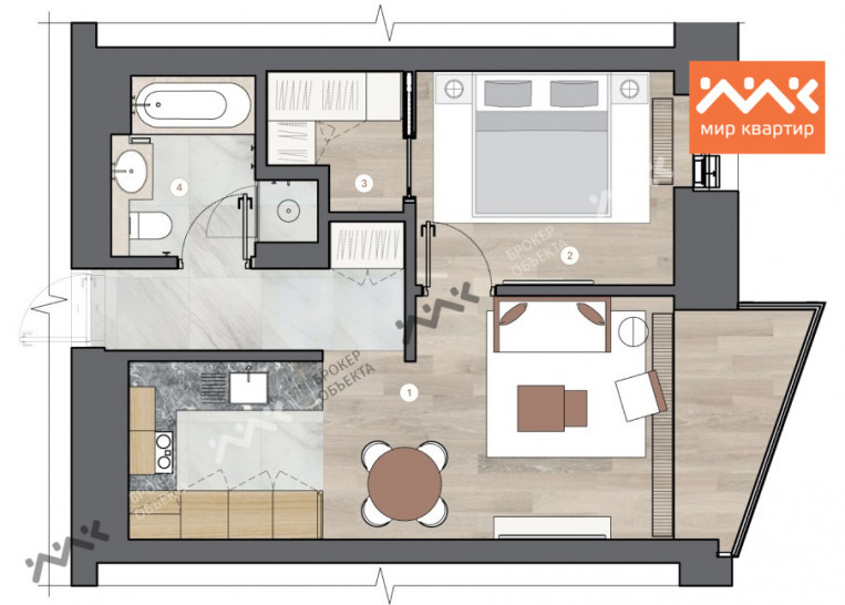 Однокомнатная квартира 59.6 м²