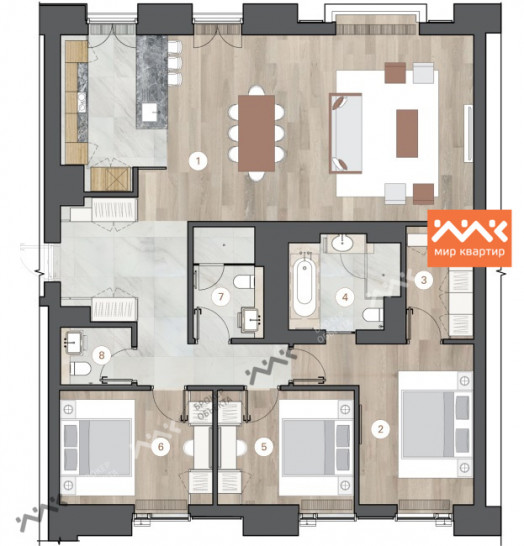 Трёхкомнатная квартира 143.01 м²
