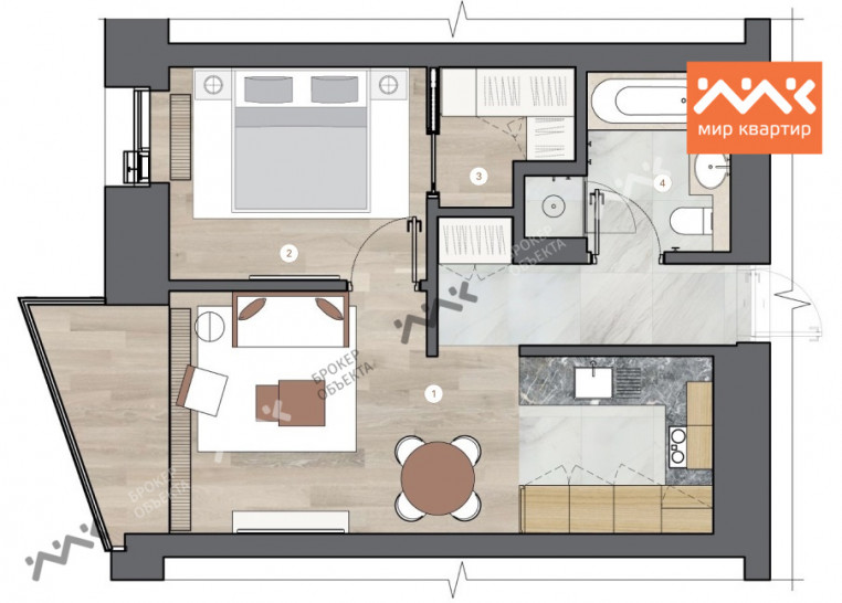 Однокомнатная квартира 51.34 м²