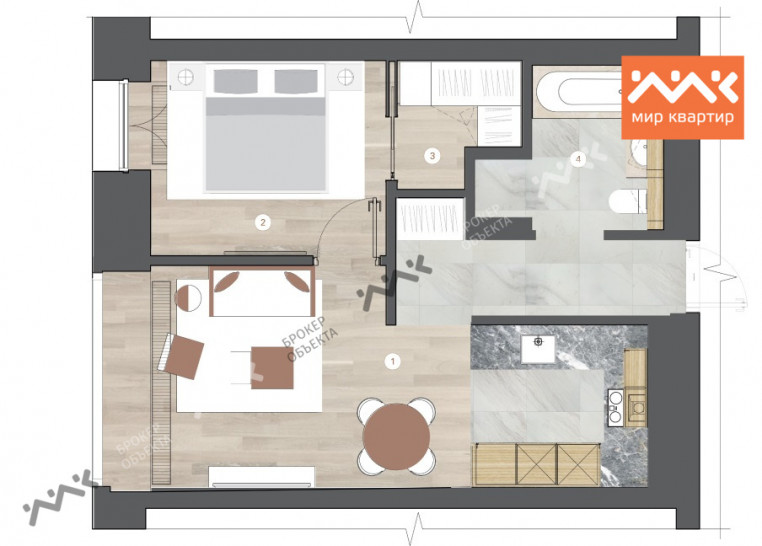 Однокомнатная квартира 51.34 м²