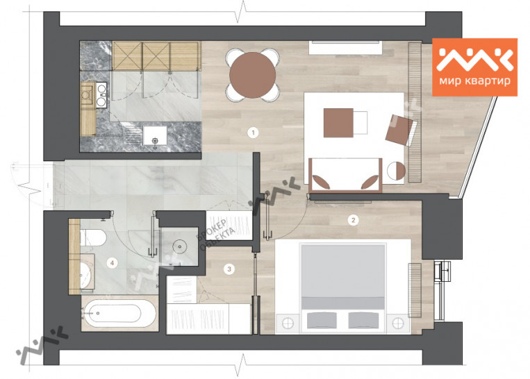 Однокомнатная квартира 51.34 м²