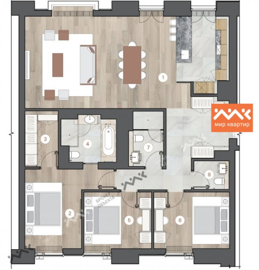 Трёхкомнатная квартира 143.01 м²