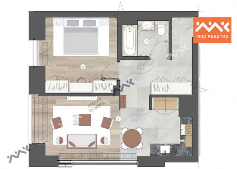 Однокомнатная квартира 58.33 м²