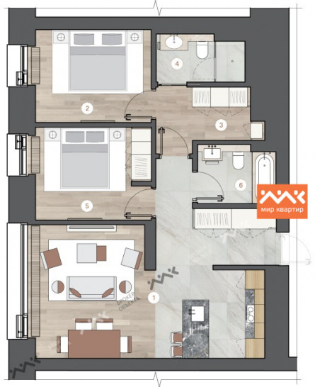 Двухкомнатная квартира 78.05 м²