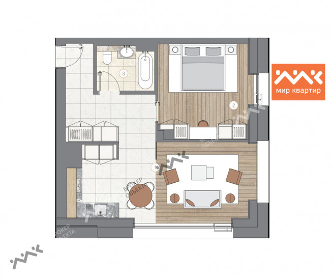 Однокомнатная квартира 58.33 м²